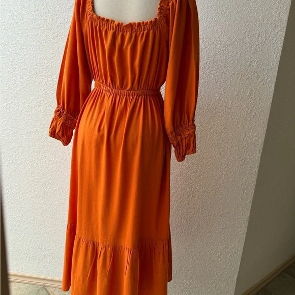 NICHOLAS Prairie Peasant Dress Orange Boho Linen Blend Long Sleeve Size 4